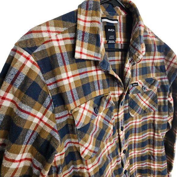 RVCA Flannel Shirt Mens L Brown Blue Plaid Button Front Heavyweight Regular Fit - Picture 5 of 8